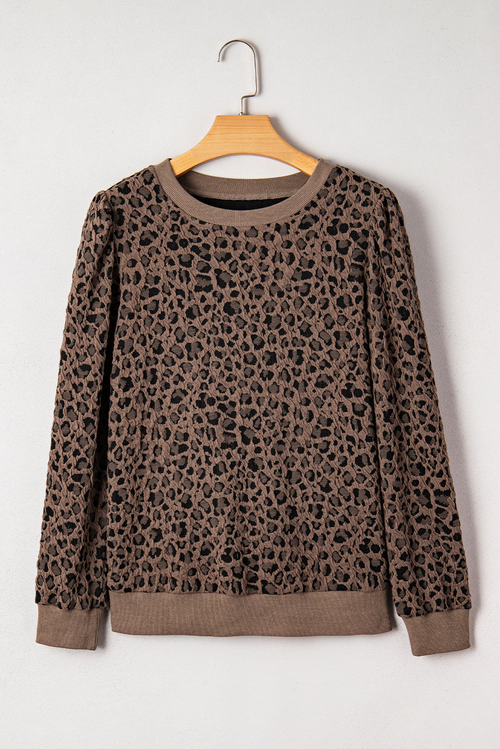 Leopard Ribbed Trim Long Sleeve Top