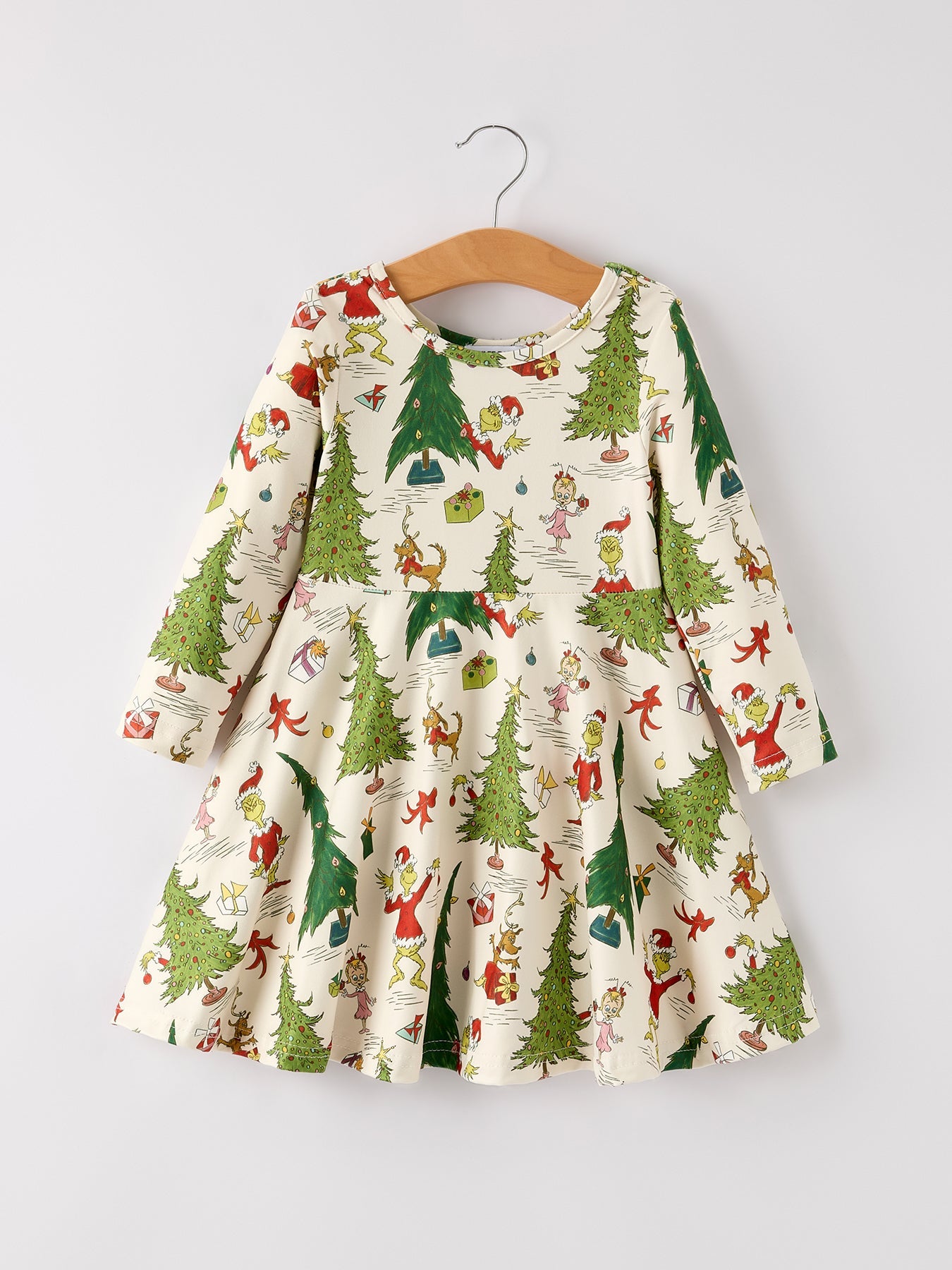 Winter Christmas Tree Character Print Green Girls Dress