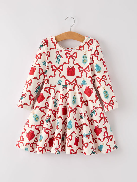 Christmas Candy Cane Gift Print Girls Dress