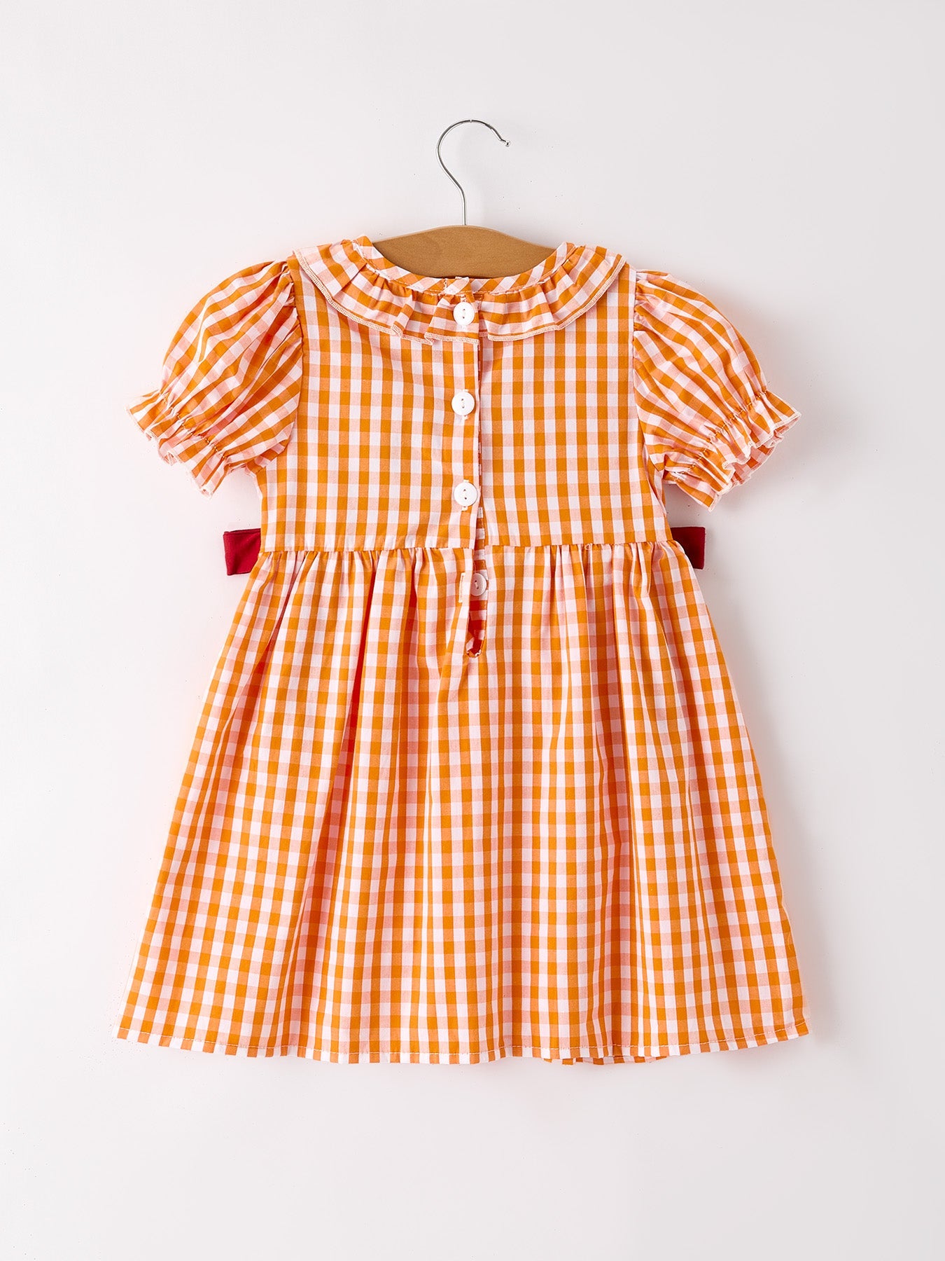 Fall Turkey Embroidered Dress for Girls – Orange Checkered with Halloween Details