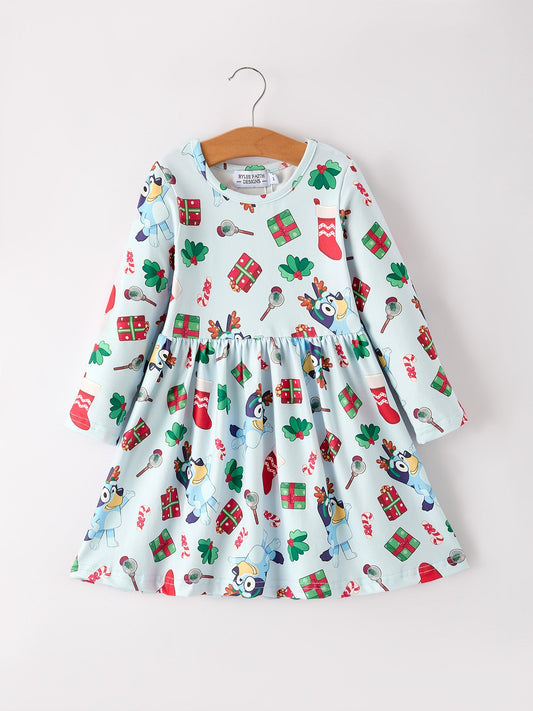 Christmas Characters and Gift Print Girls Dress