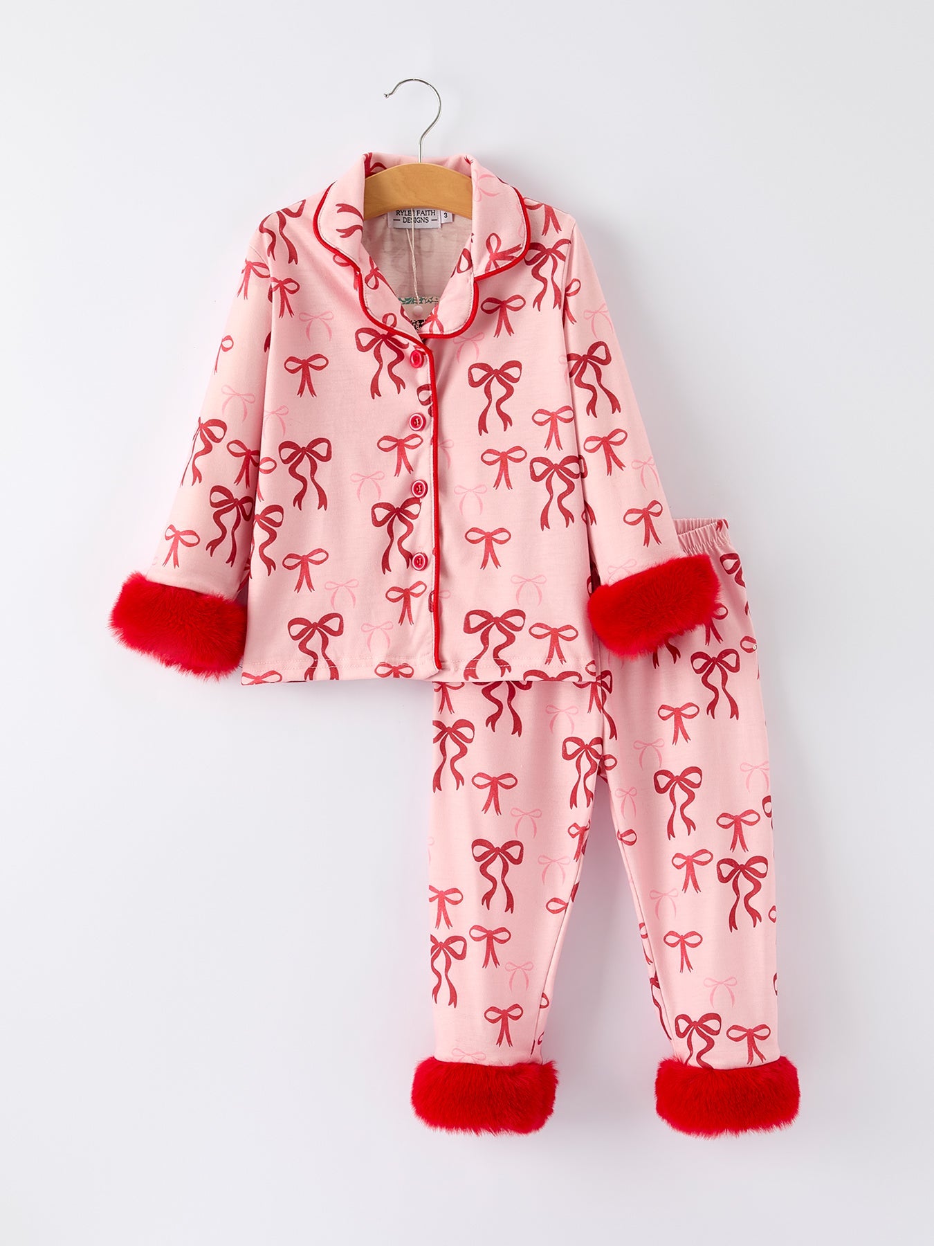 Christmas Bow Girls Pajama Set with Furry Trim