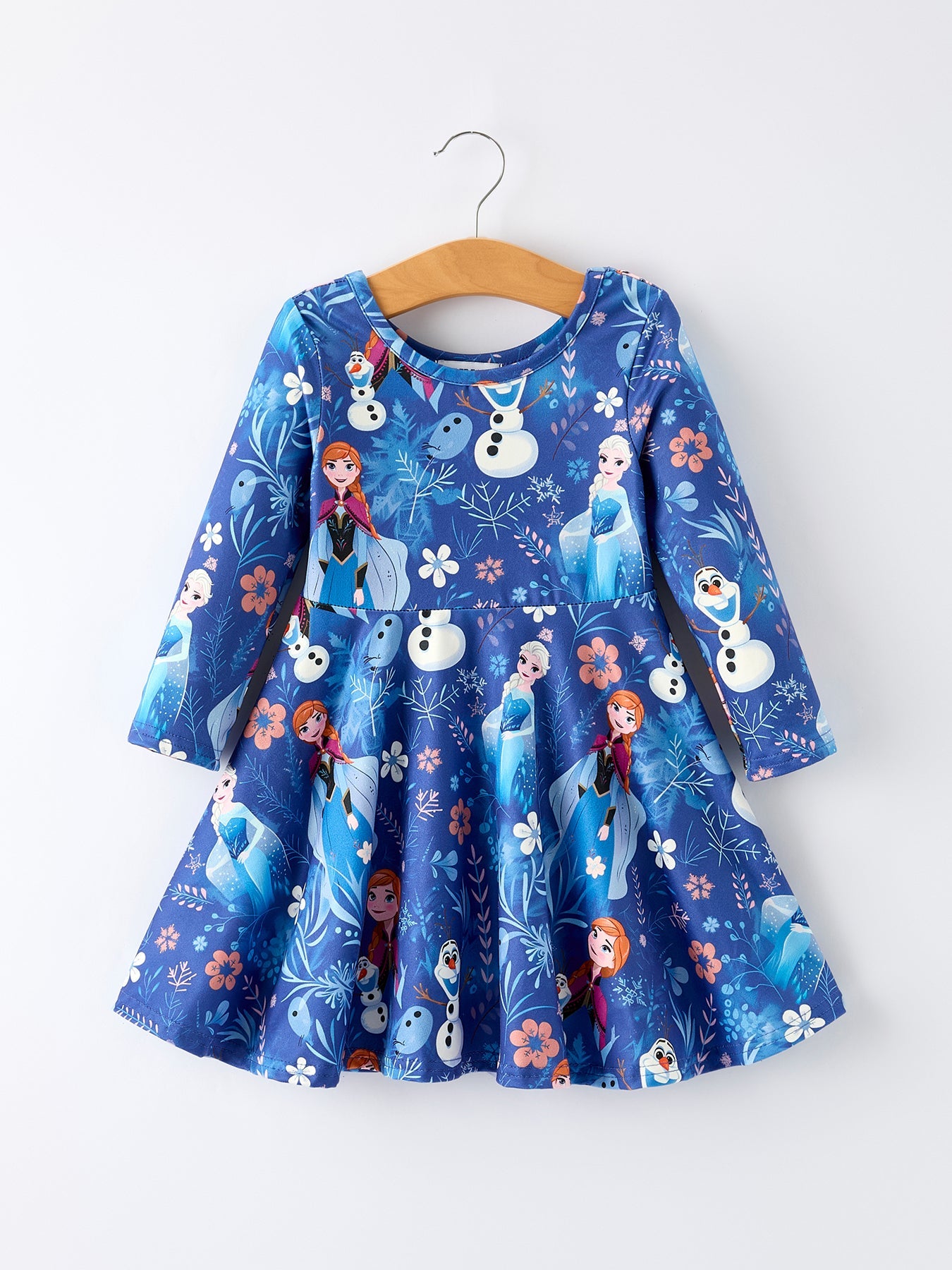 Blue Christmas Character Print Long Sleeve Girls Dress