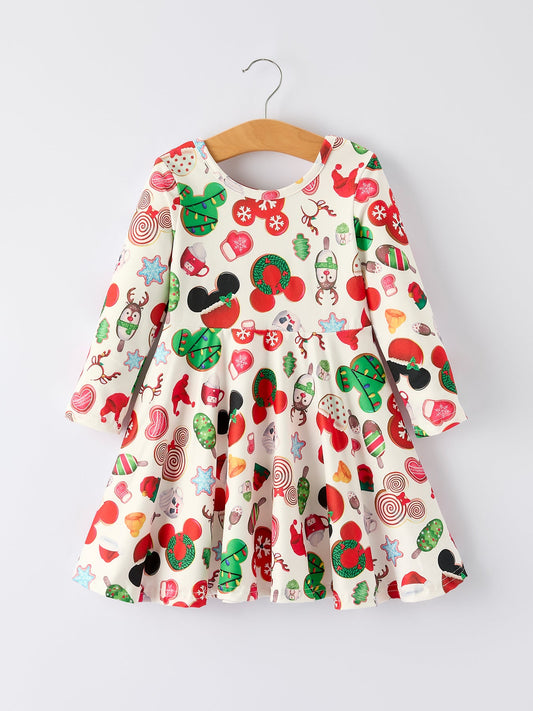 Christmas Character Cookie Print Girls Long Sleeve Dress