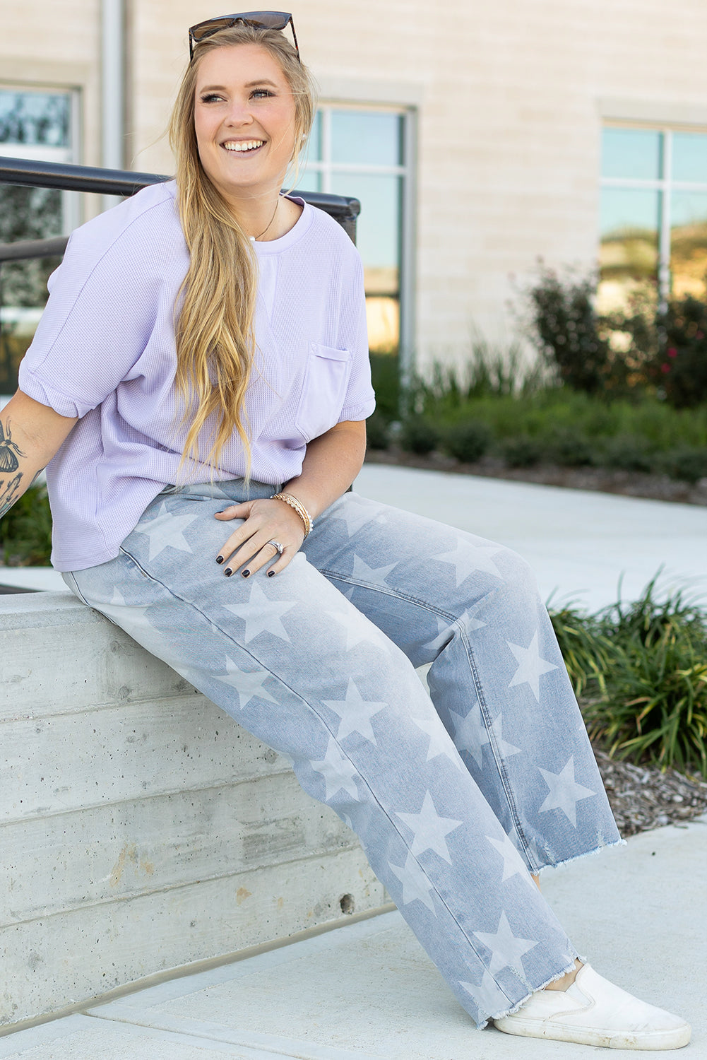 Beau Blue High Waist Star Pattern Plus Size Jeans Aaria Tees