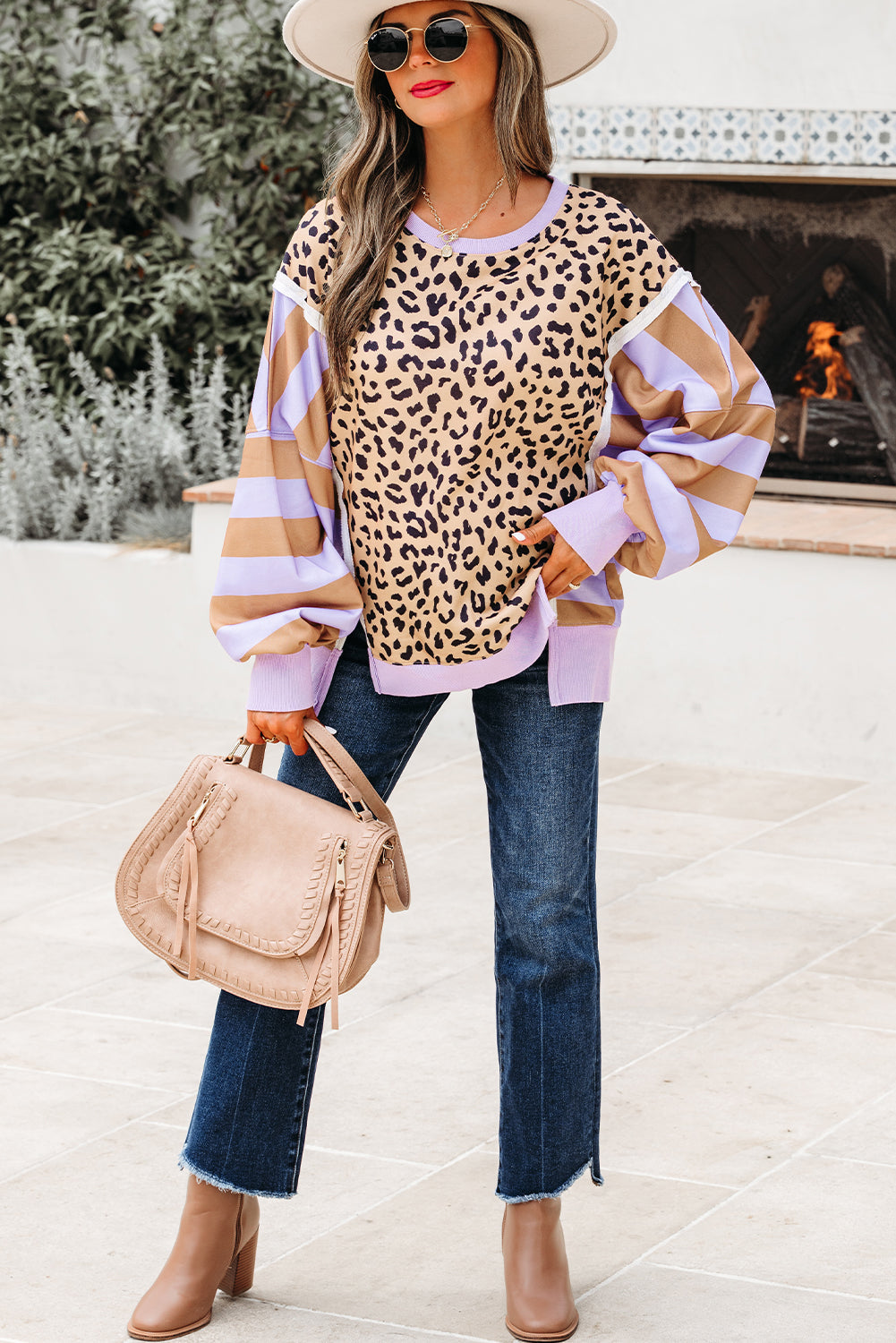 Leopard Stripe Colorblock Patchwork Sweatshirt