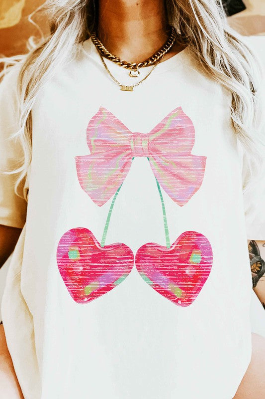 CHERRY RIBBON VALENTINES OVERSIZED GRAPHIC TEE - Aaria Tees