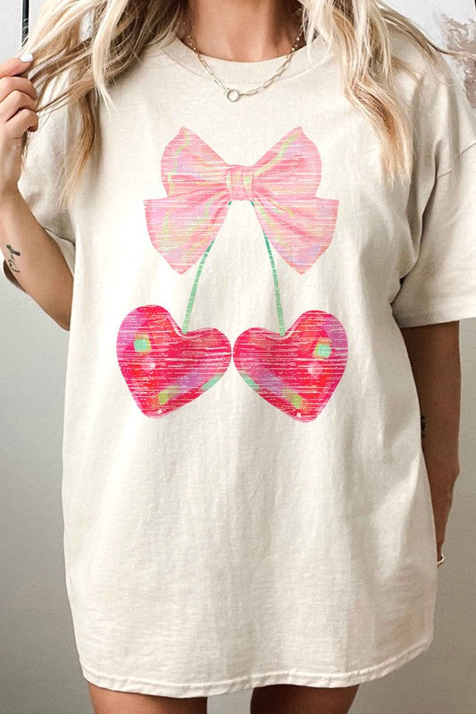 CHERRY RIBBON VALENTINES OVERSIZED GRAPHIC TEE - Aaria Tees