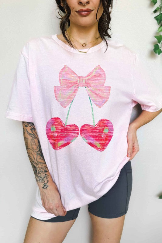 CHERRY RIBBON VALENTINES OVERSIZED GRAPHIC TEE - Aaria Tees