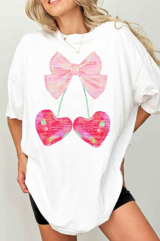 CHERRY RIBBON VALENTINES OVERSIZED GRAPHIC TEE - Aaria Tees