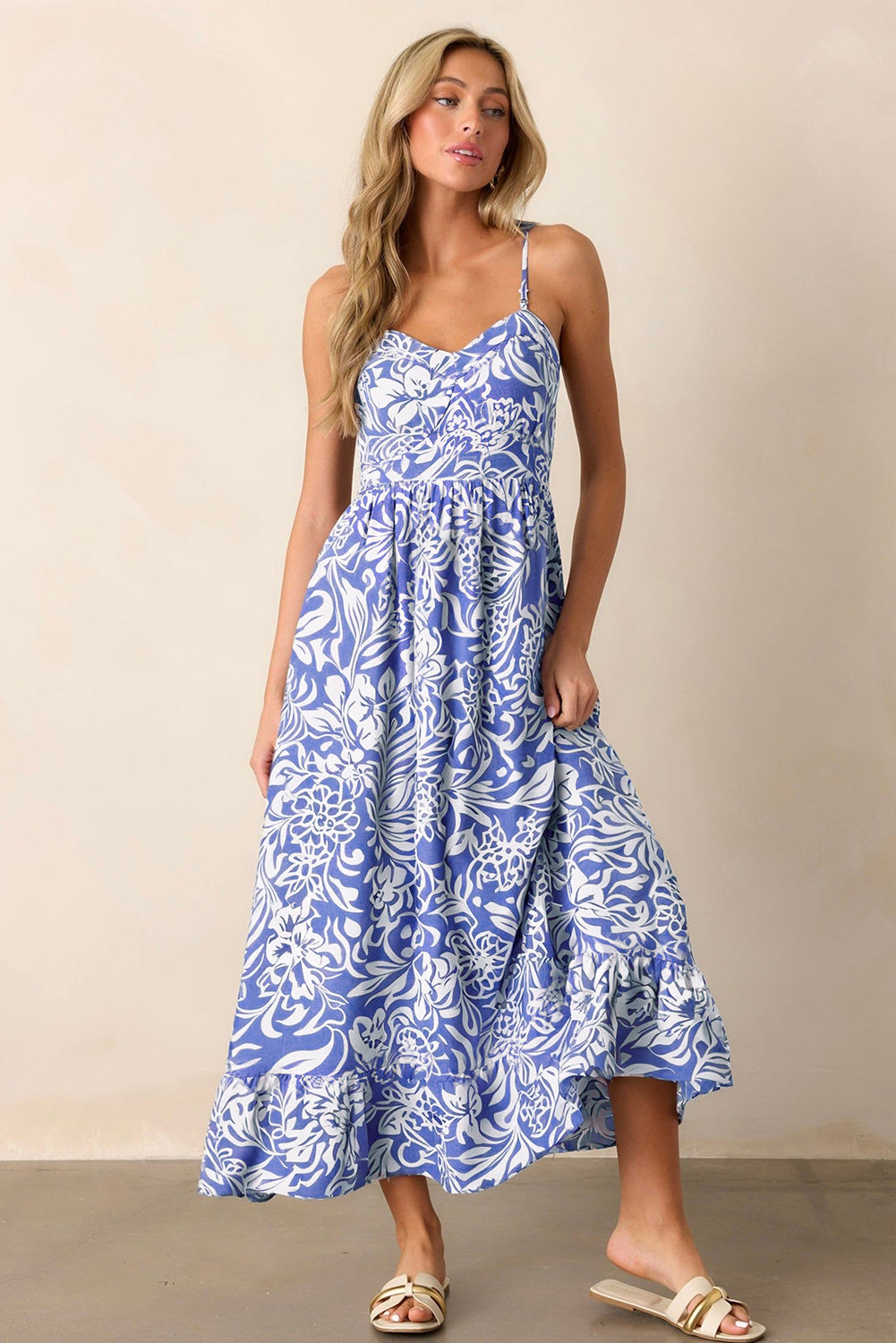 Sky Blue Floral Print Spaghetti Strap High Waist Maxi Dress Aaria Tees
