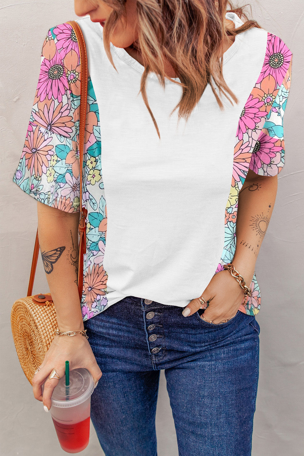 White Floral Print Patchwork Short Sleeve Top Aaria Tees