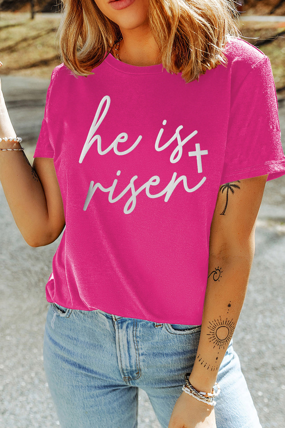 Rose Red Glitter he is risen Cross Printed Crewneck Tee Aaria Tees