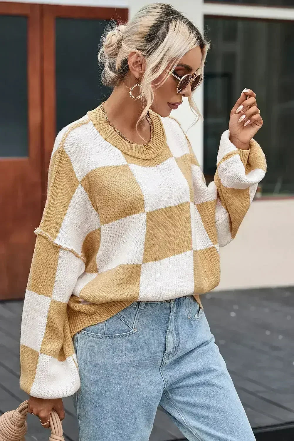 Khaki Checkered Bishop Sleeve Sweater