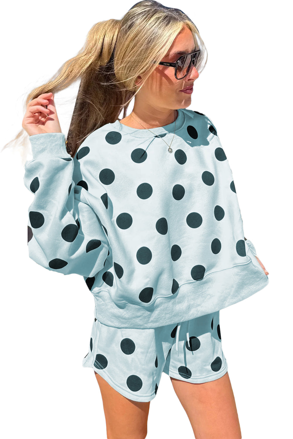 Sky Blue Polka Dot Print Drop Shoulder Pullover Drawstring Shorts Set