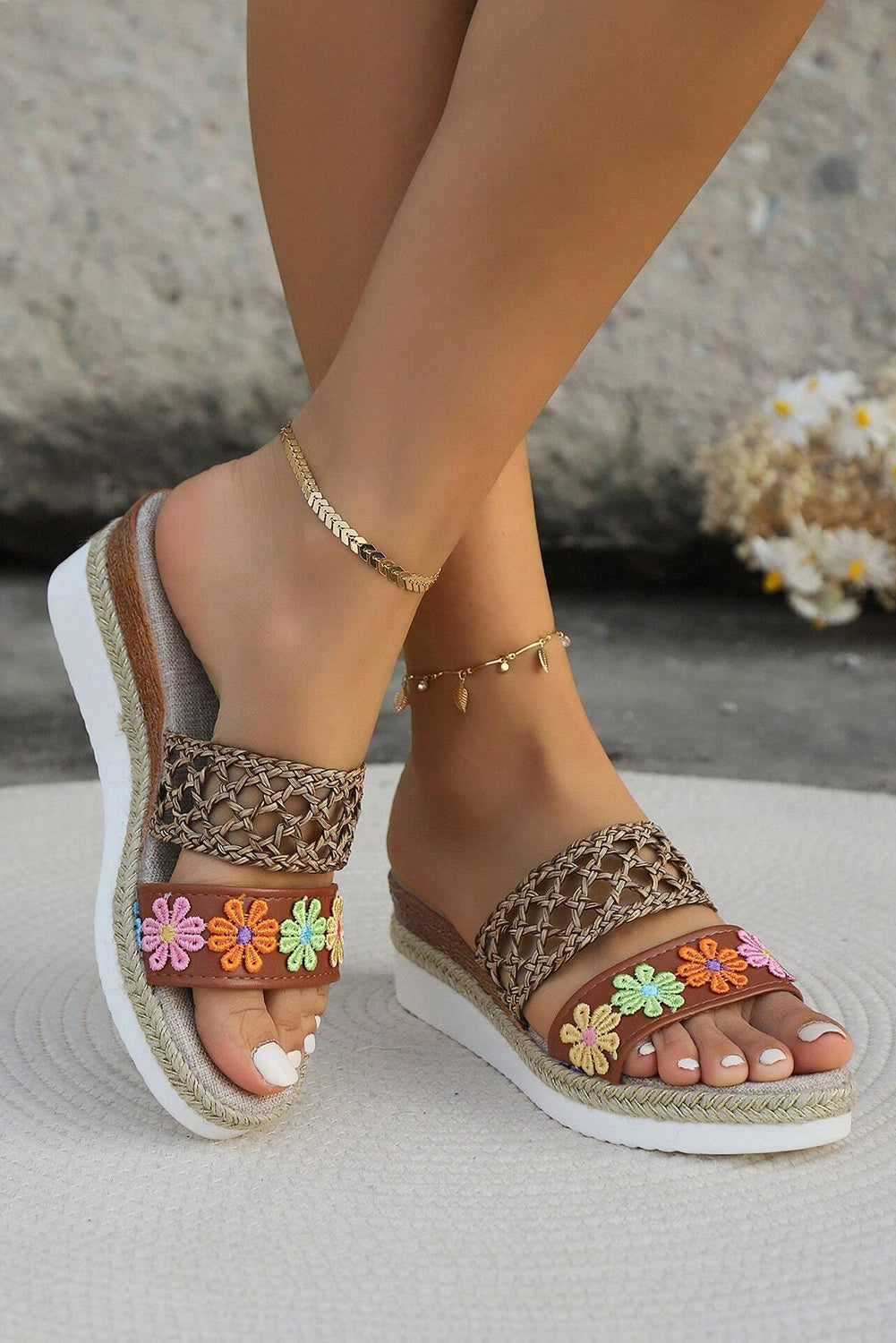 White Floral Print Braided Details Wedge Slippers Aaria Tees