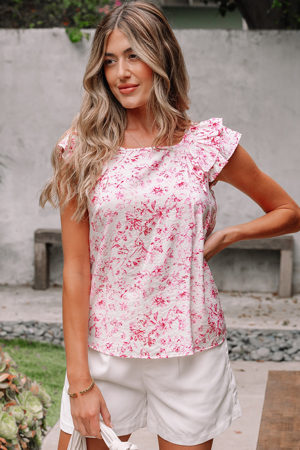 Sky Blue Floral Ruffled Short Sleeve Bow Back Square Neck Blouse