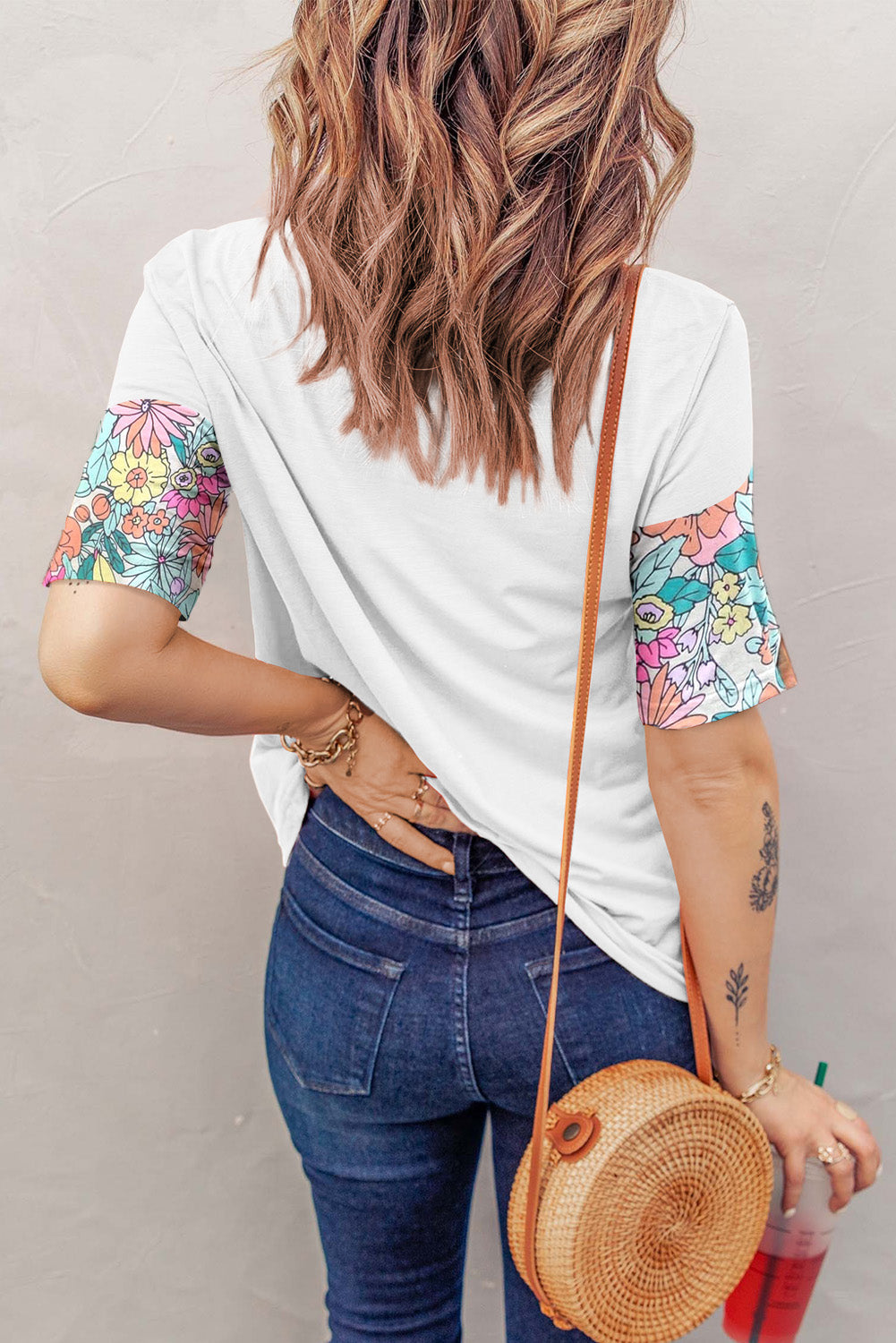White Floral Print Patchwork Short Sleeve Top Aaria Tees