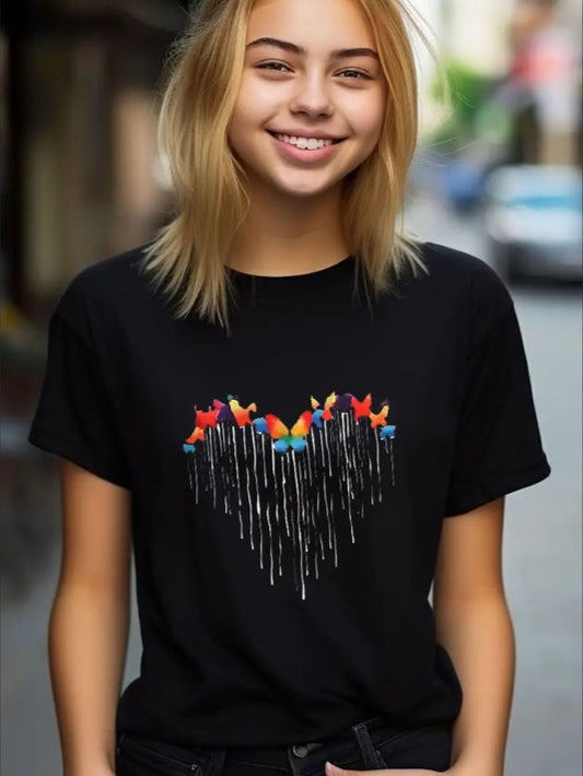 Butterfly Print Short Sleeve T-shirt, Girls Casual Crew Neck Tees For Summer Gift Outdoor, Hip Hop Style, Easter Shoreline Crafts