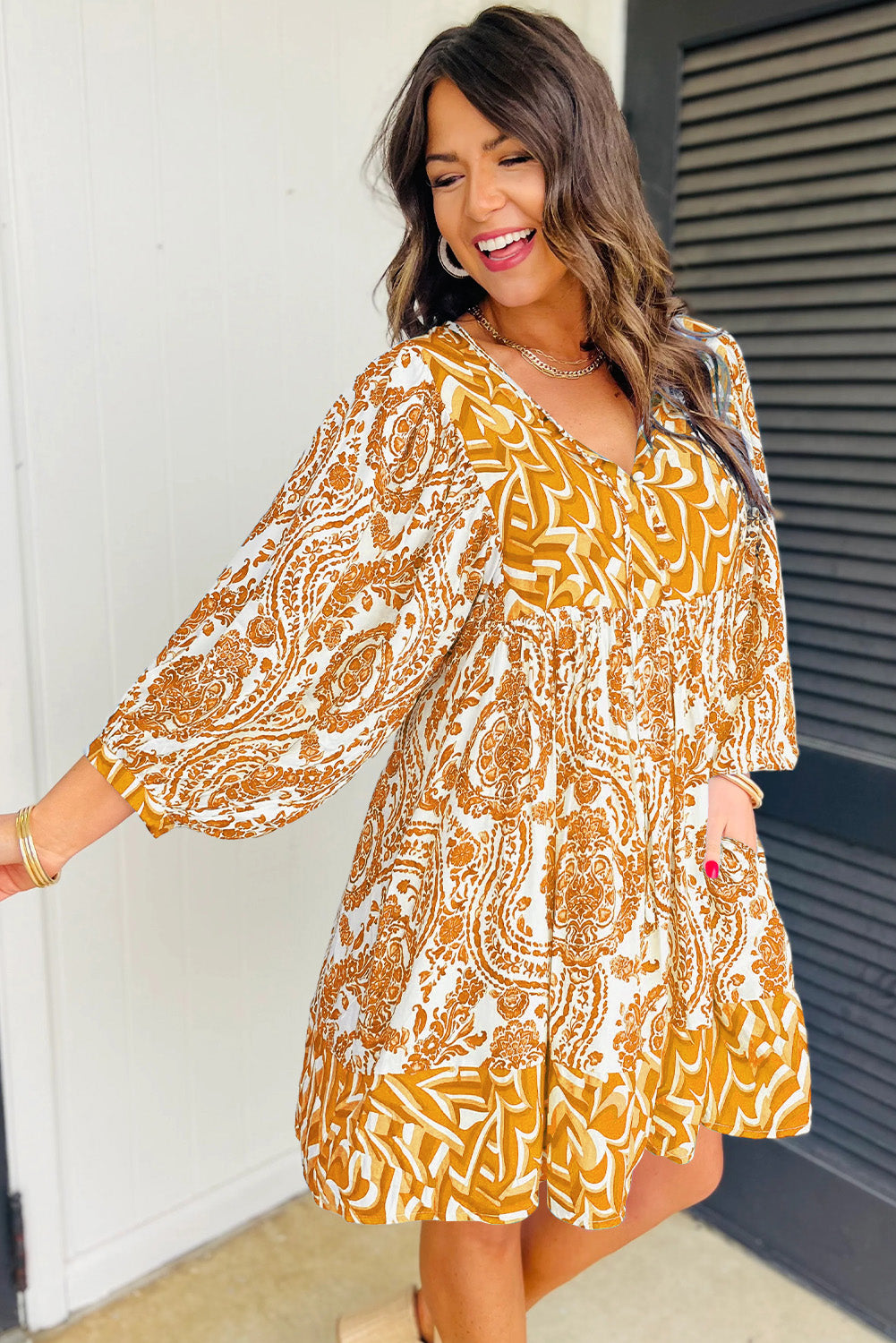 Orange Bohemian Print Puff Sleeve Tied V Neck Flared Mini Dress Aaria Tees Aaria Tees