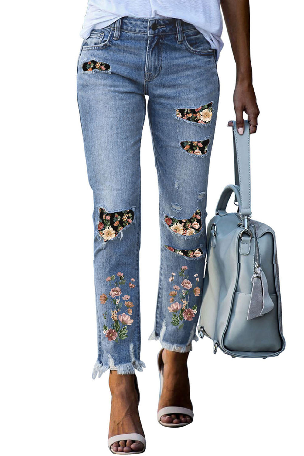 Sky Blue Printed Patch Ripped Skinny Jeans - Aaria Tees Aaria Tees