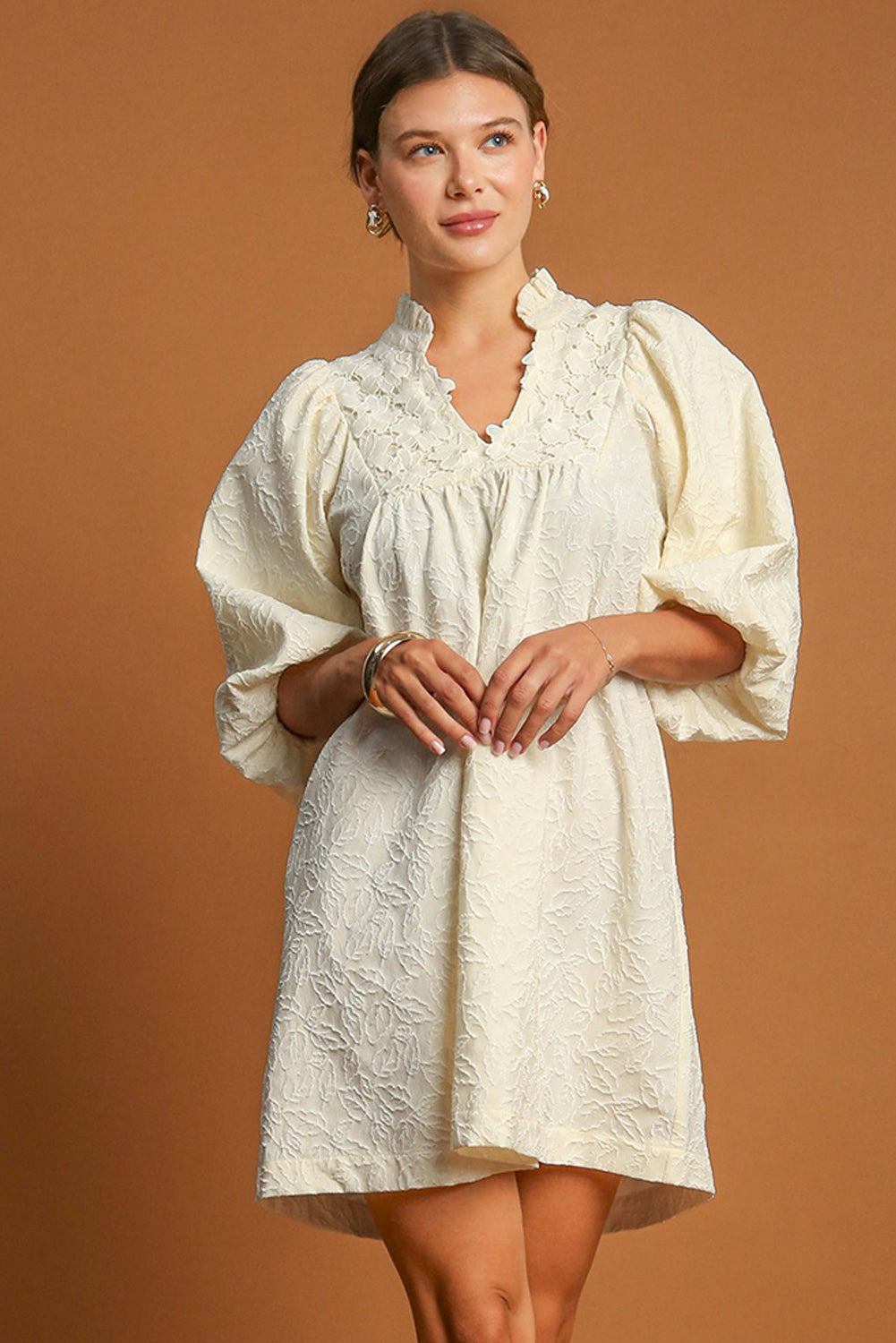 White Floral Textured Bubble Sleeve Frilled Notched Neck Dress Aaria Tees