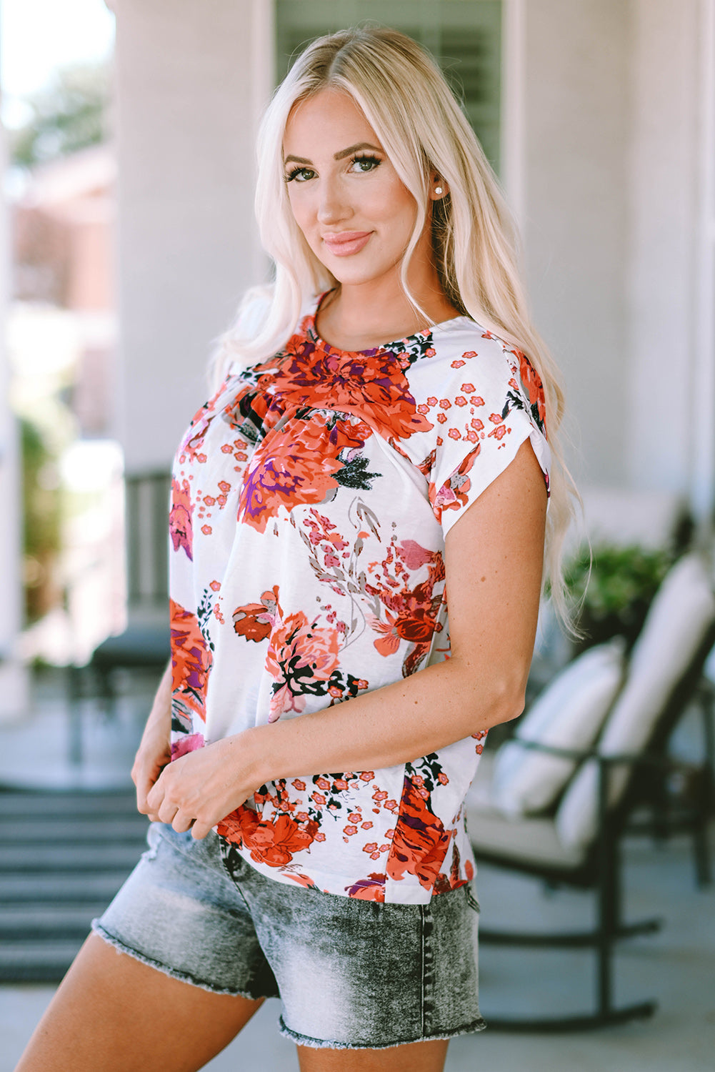 Fiery Red Floral Short Sleeve Round Neck Blouse Aaria Tees