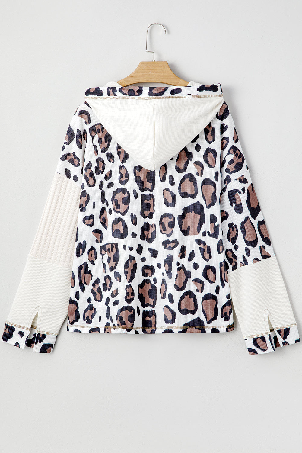 Leopard Waffle Knit Patchwork Zip Up Hoodie