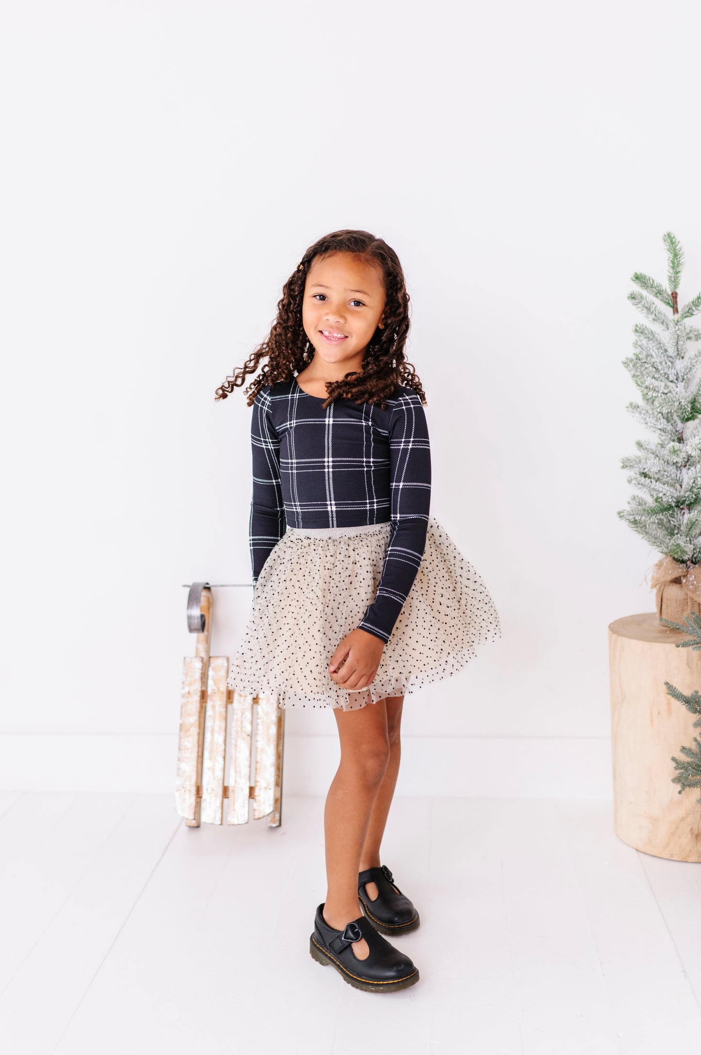 Black Plaid | CROPPED Bow Back Long Sleeve Top