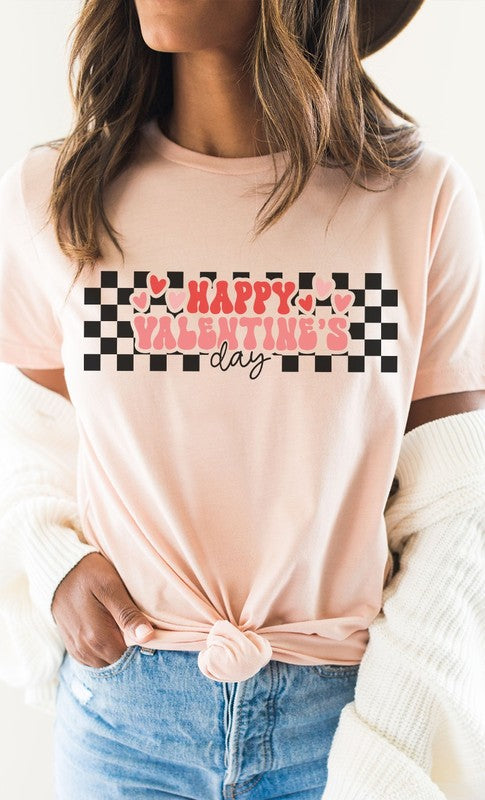 Happy Valentines Day Checkered Graphic Tee - Aaria Tees