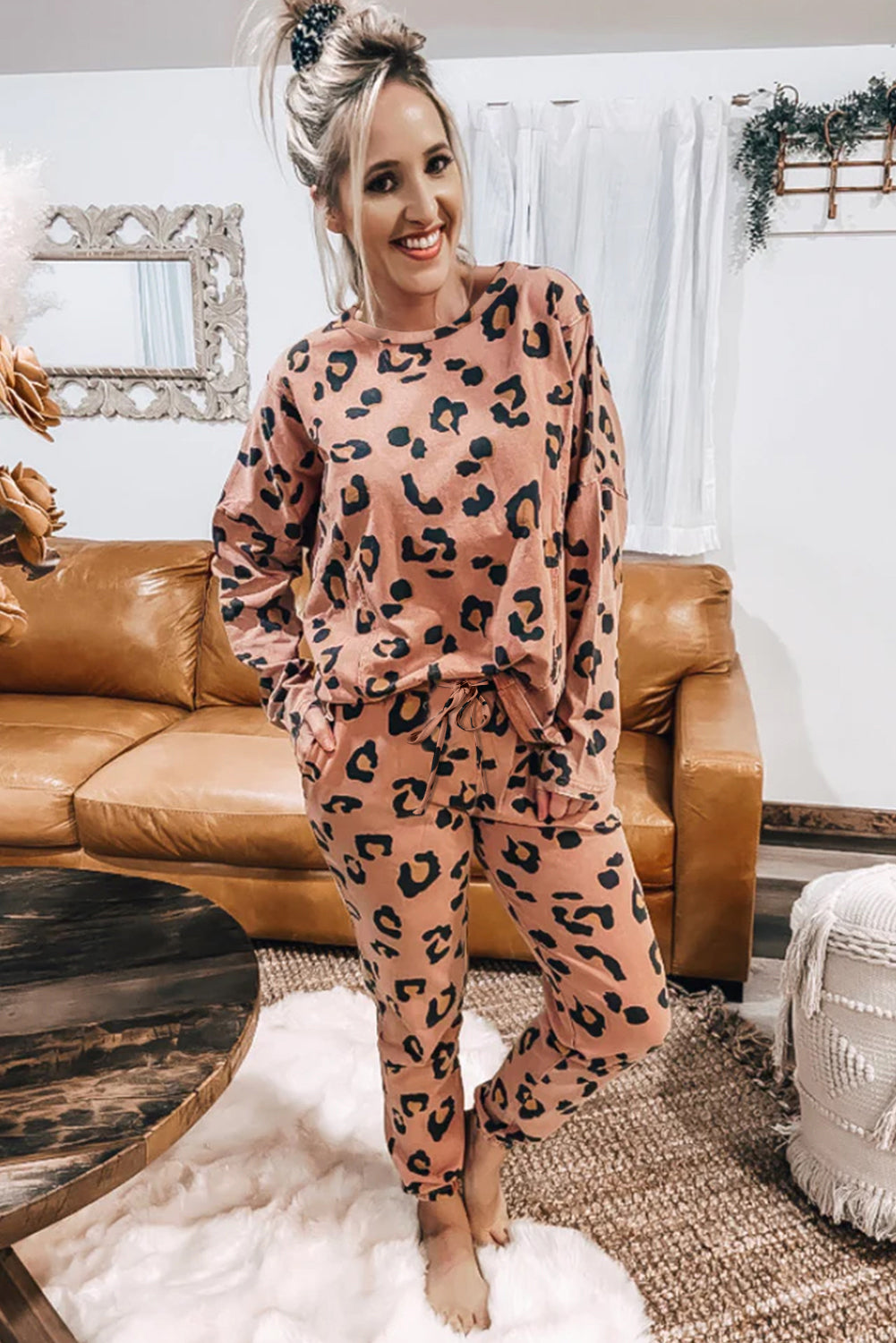 Pale Chestnut Leopard Long Sleeve Top and Drawstring Pants Set Aaria Tees Aaria Tees