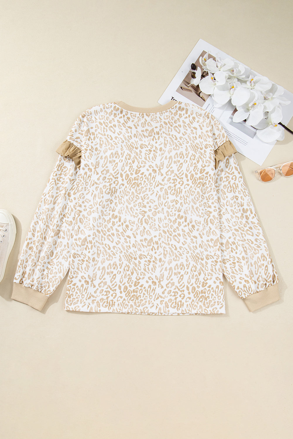 Plus Size Leopard Ruffle Long Sleeve Sweatshirt