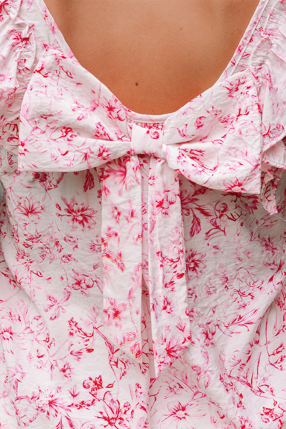 Sky Blue Floral Ruffled Short Sleeve Bow Back Square Neck Blouse