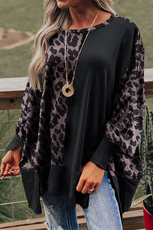 Black Leopard Patchwork Bishop Sleeve Slit Sweatshirt Aaria Tees
