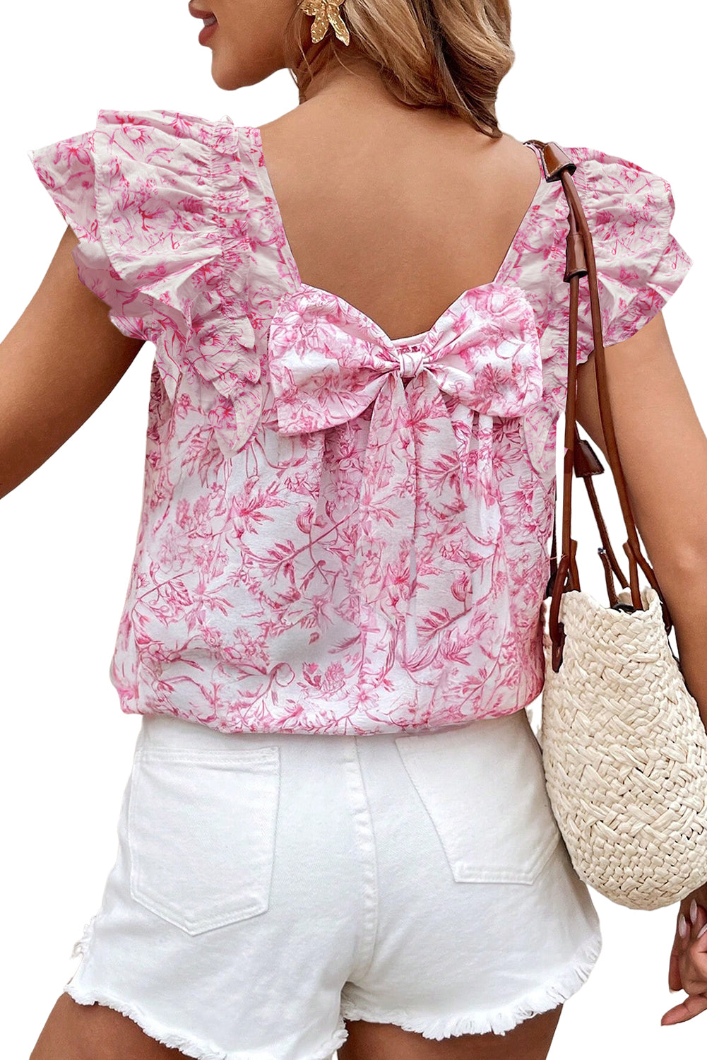 Sky Blue Floral Ruffled Short Sleeve Bow Back Square Neck Blouse