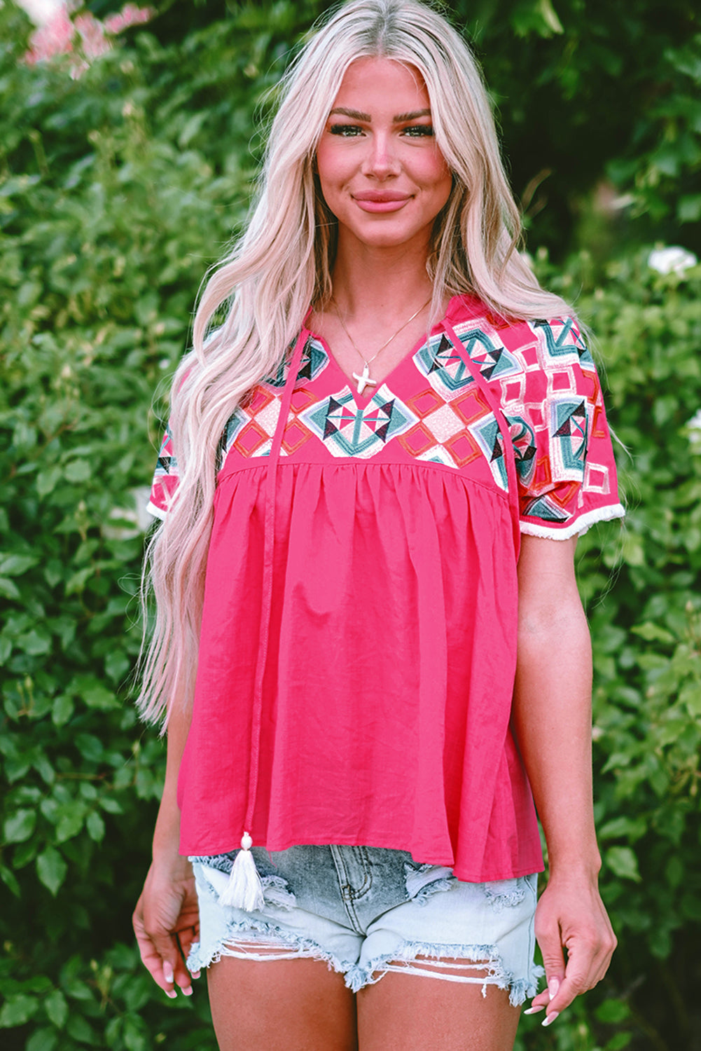 Zayla Embroidered Tassel Tie V Neck Blouse - Aaria Tees