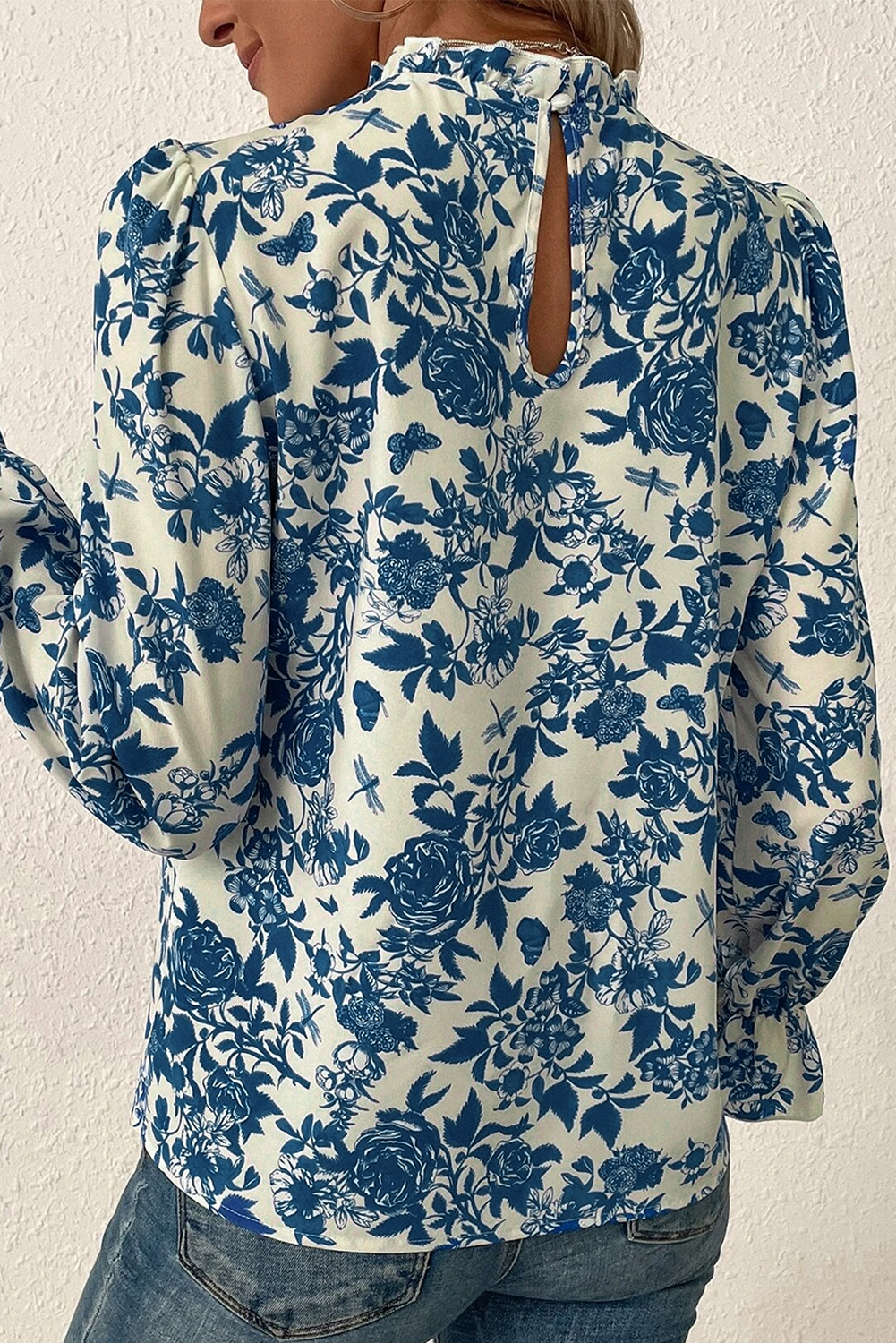 Rose Floral Print Flounce Sleeve Keyhole Back Blouse Aaria Tees Aaria Tees