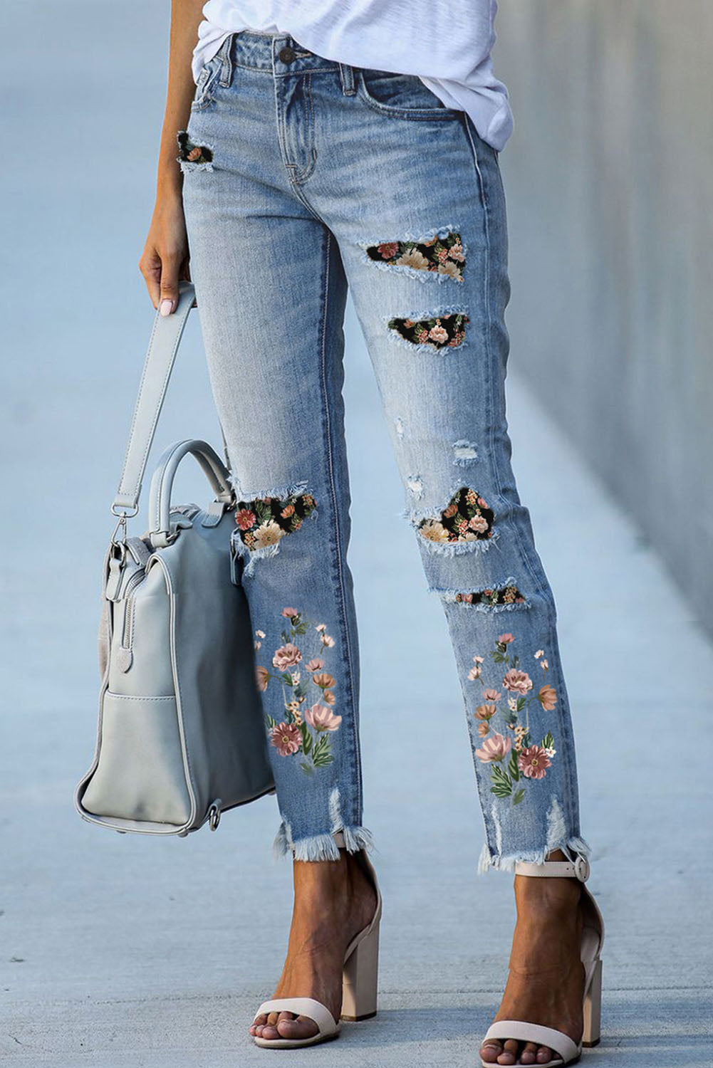 Sky Blue Printed Patch Ripped Skinny Jeans - Aaria Tees Aaria Tees