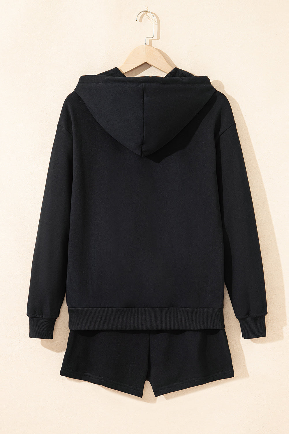 Black Button Drawstring Hooded Pullover and Casual Short Set