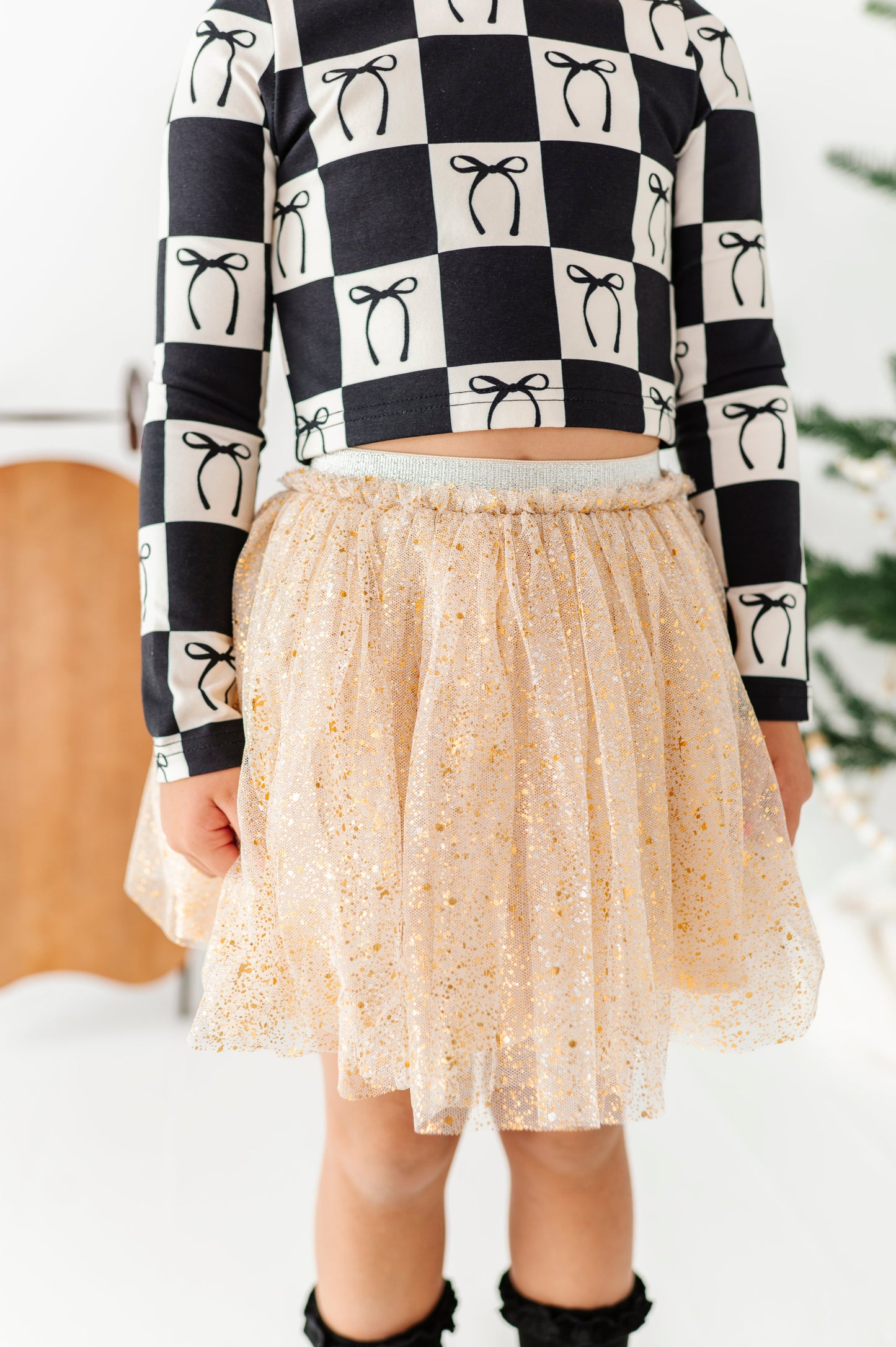 Checkered Bow | CROPPED Bow Back Long Sleeve Top