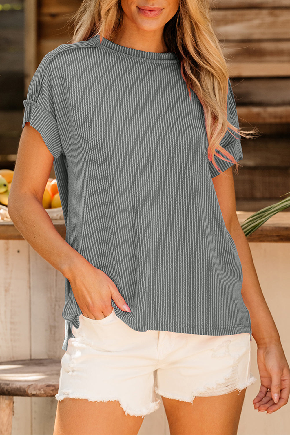 White Textured Knit Exposed Stitching T-shirt