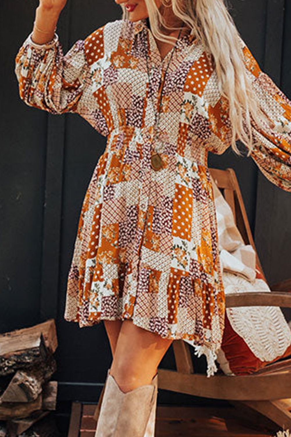 Orange Boho Floral Puff Sleeve Smocked Waist Mini Shirt Dress Aaria Tees Aaria Tees