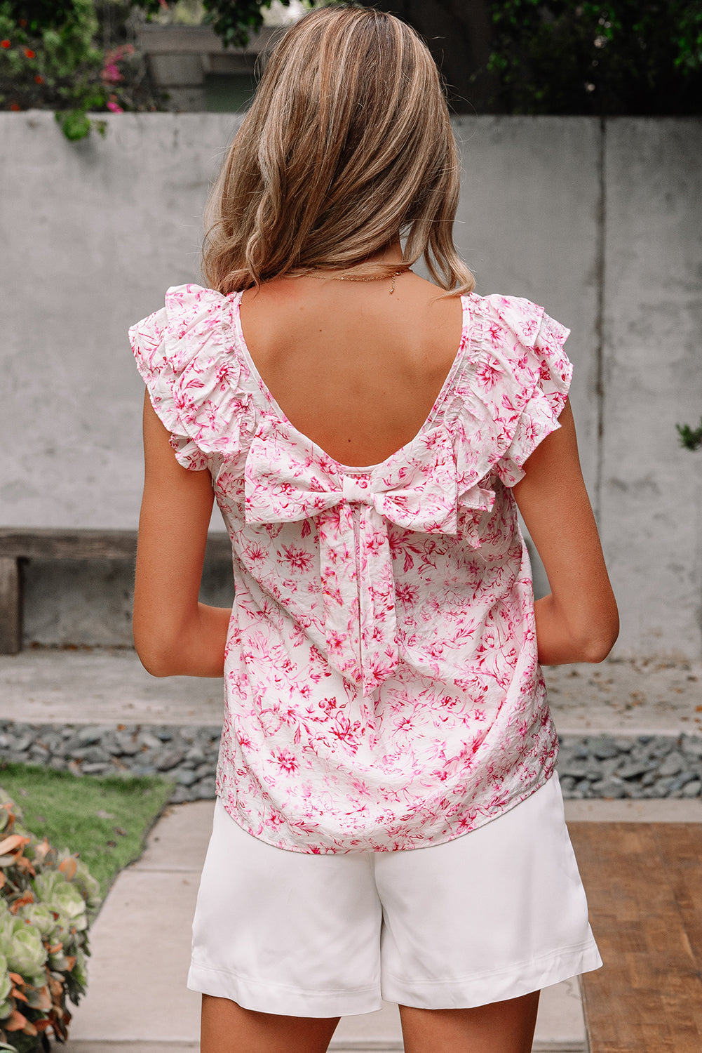 Sky Blue Floral Ruffled Short Sleeve Bow Back Square Neck Blouse