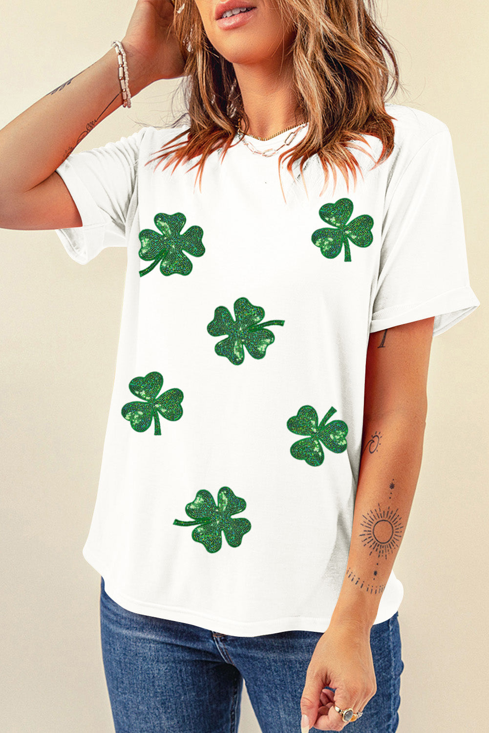 White Sequin Lucky Clover Graphic Crewneck Tee - Aaria Tees