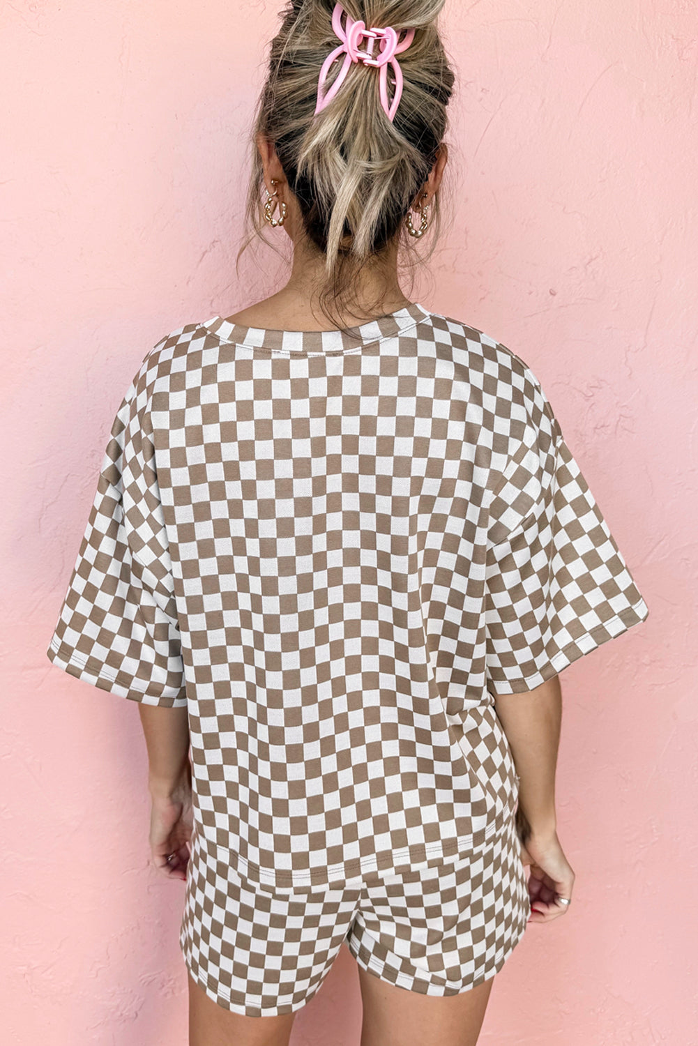 Brown Checkered Top and Short Casual 2pcs Set Aaria Tees