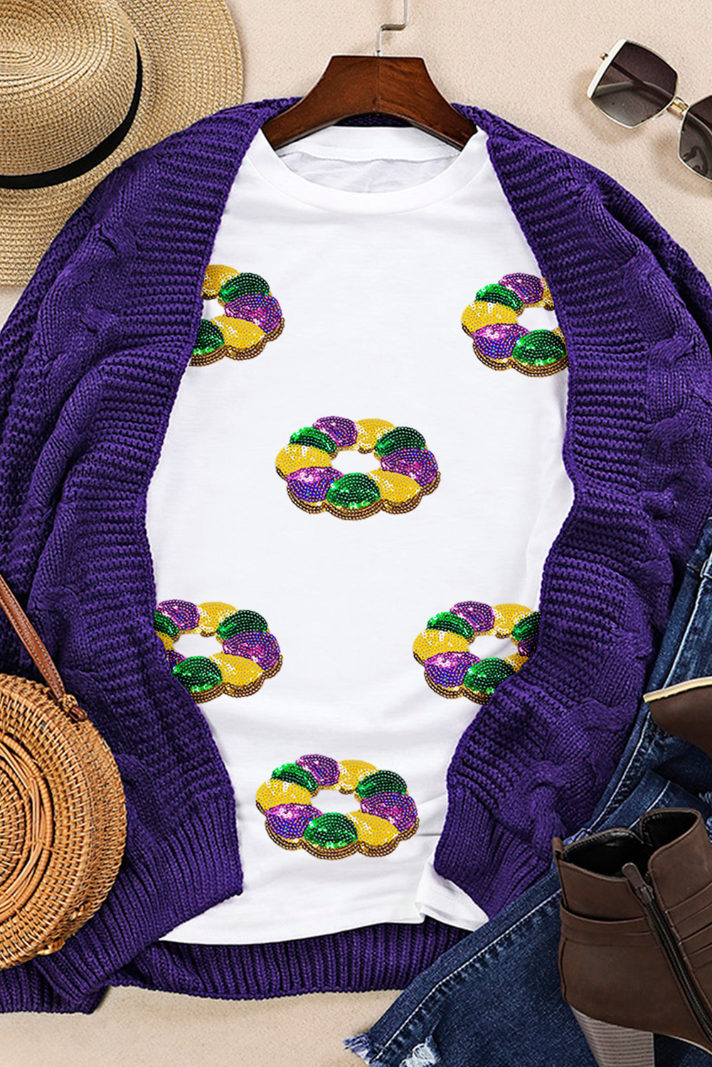 White Sequined Mardi Gras Pattern Crew Neck Short Sleeve Top - Aaria Tees Aaria Tees