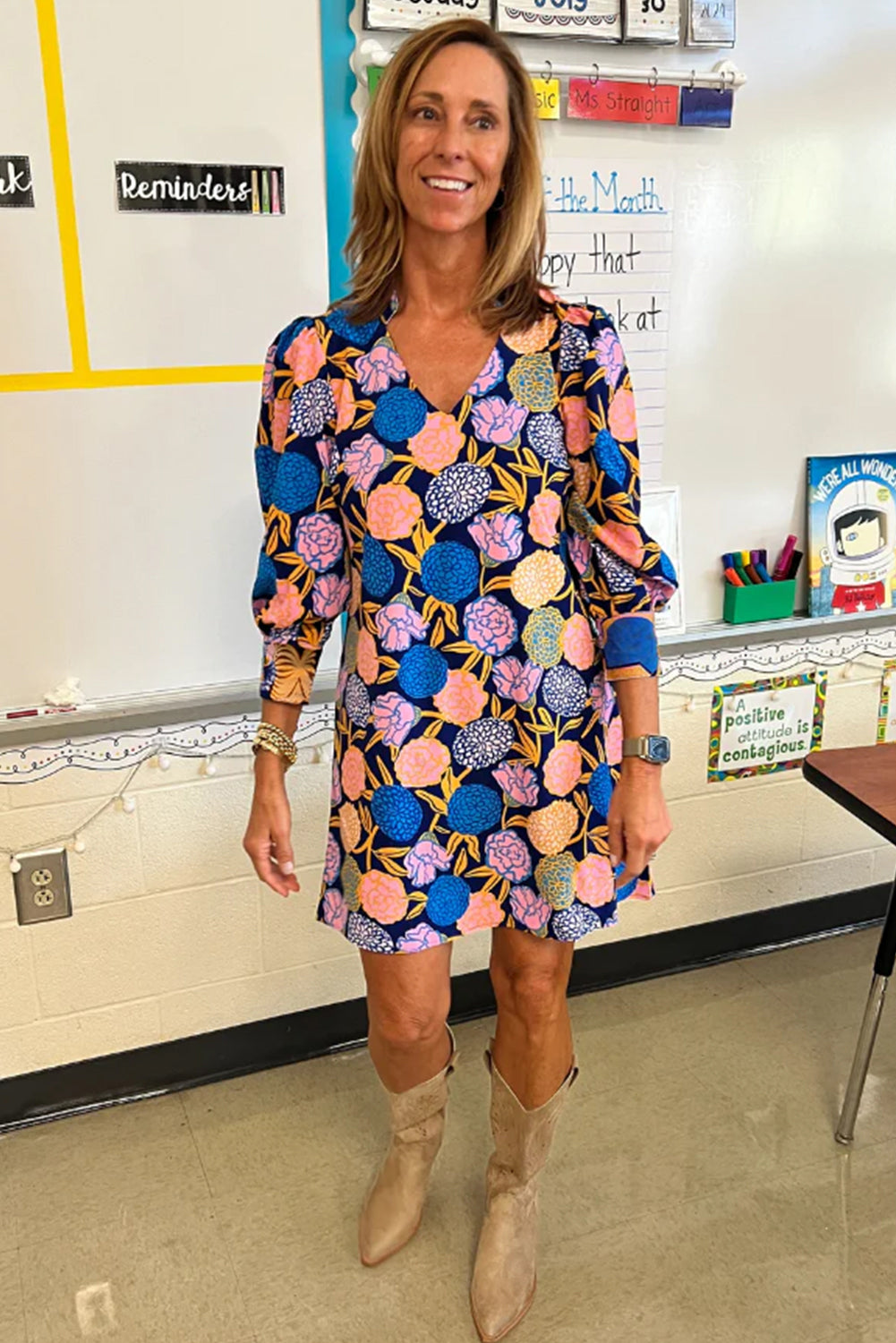 Navy Blue Hydrangea Floral Print Bishop Sleeve V Neck Shift Dress Aaria Tees Aaria Tees