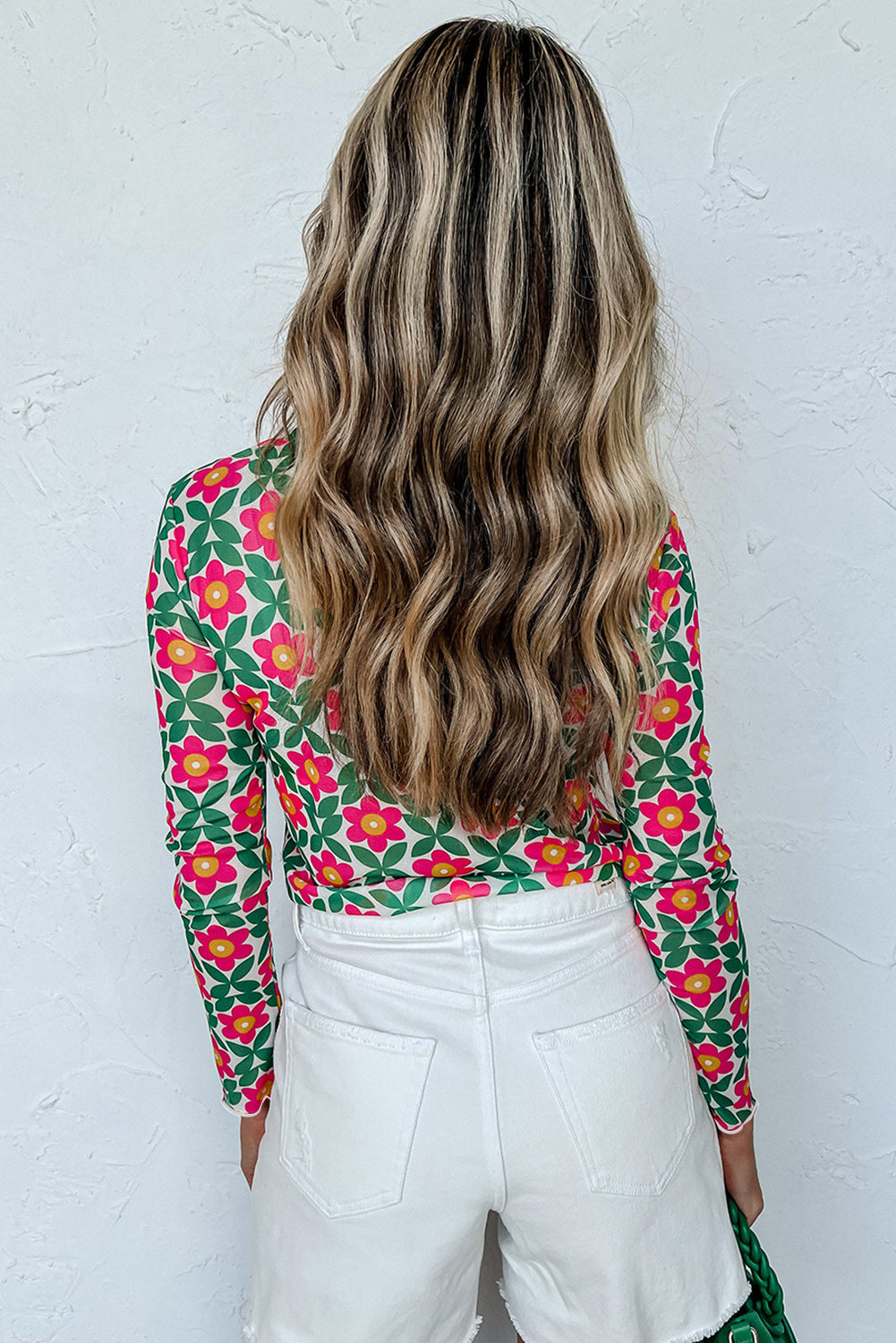 Fiery Red Retro Floral Print Stretchy Long Sleeve Top Aaria Tees