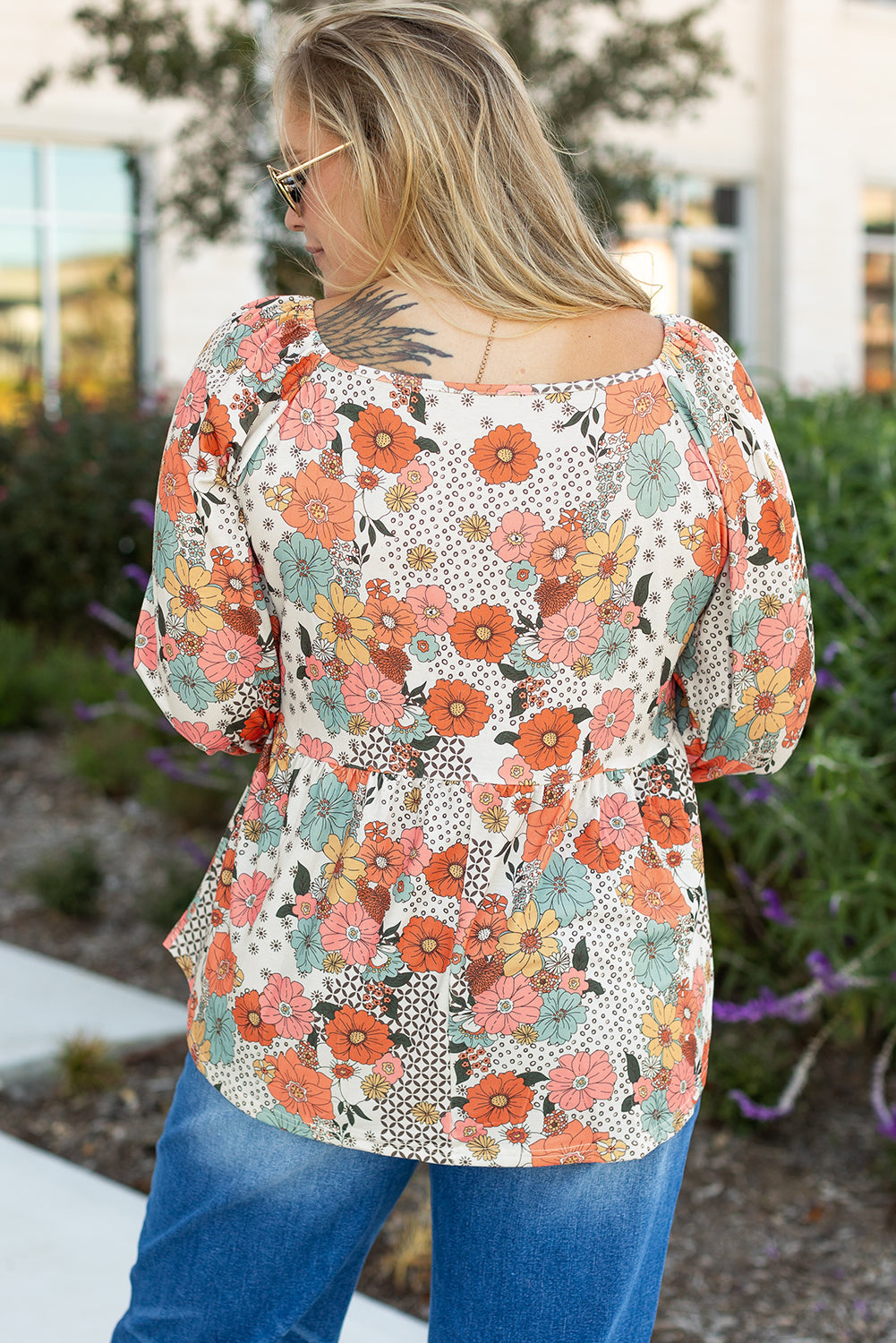 Khaki Plus Size Flower Print Square Neck Peplum Blouse Aaria Tees Aaria Tees