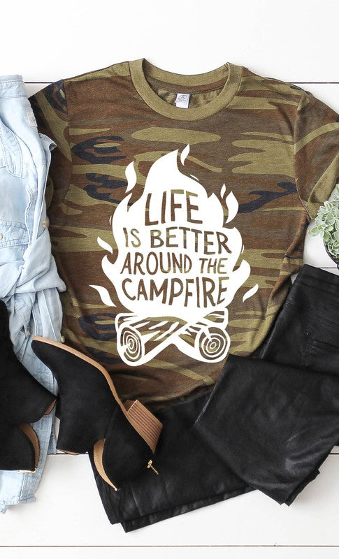 Campfire Graphic Camo Tee - Aaria Tees